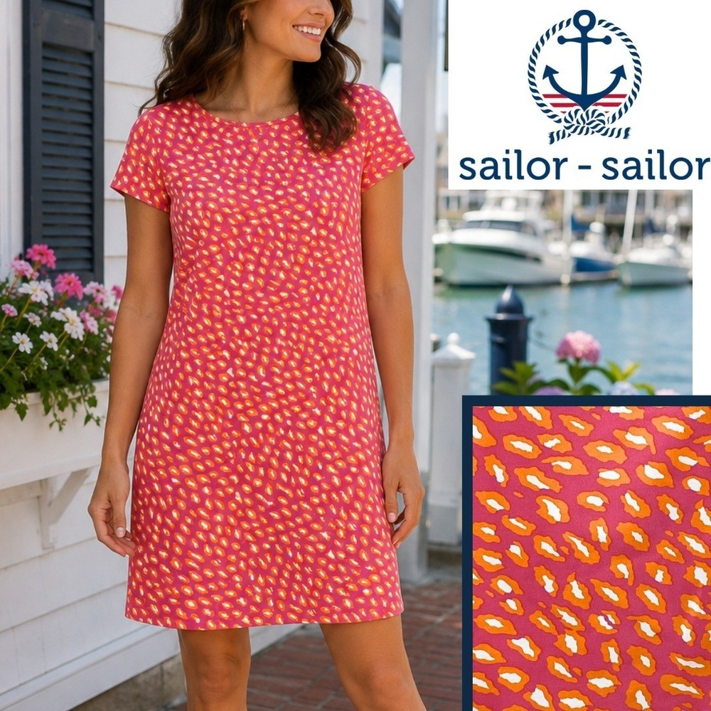 Sailor Sailor, Marina Dress Leopard Pink Orange Print Short Sleeve Shift Large